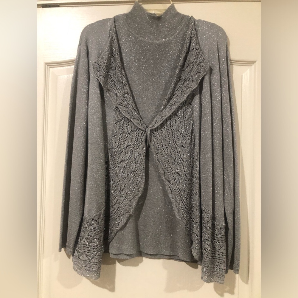 Chico's Silvery Gray Cardigan Sweater with Elegant Pleating